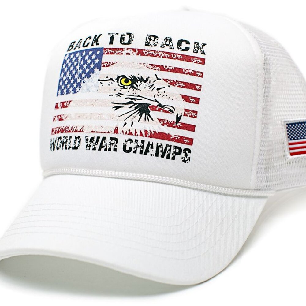 Eagle Hat Curved Back To Back World War Champs Funny 4th of July Cap White